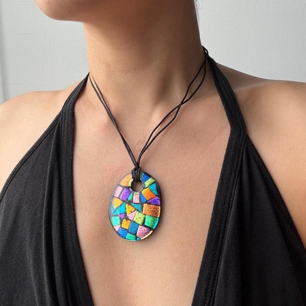 VTG Handmade glass pendant necklace w/ multicolored geometric mosaic design